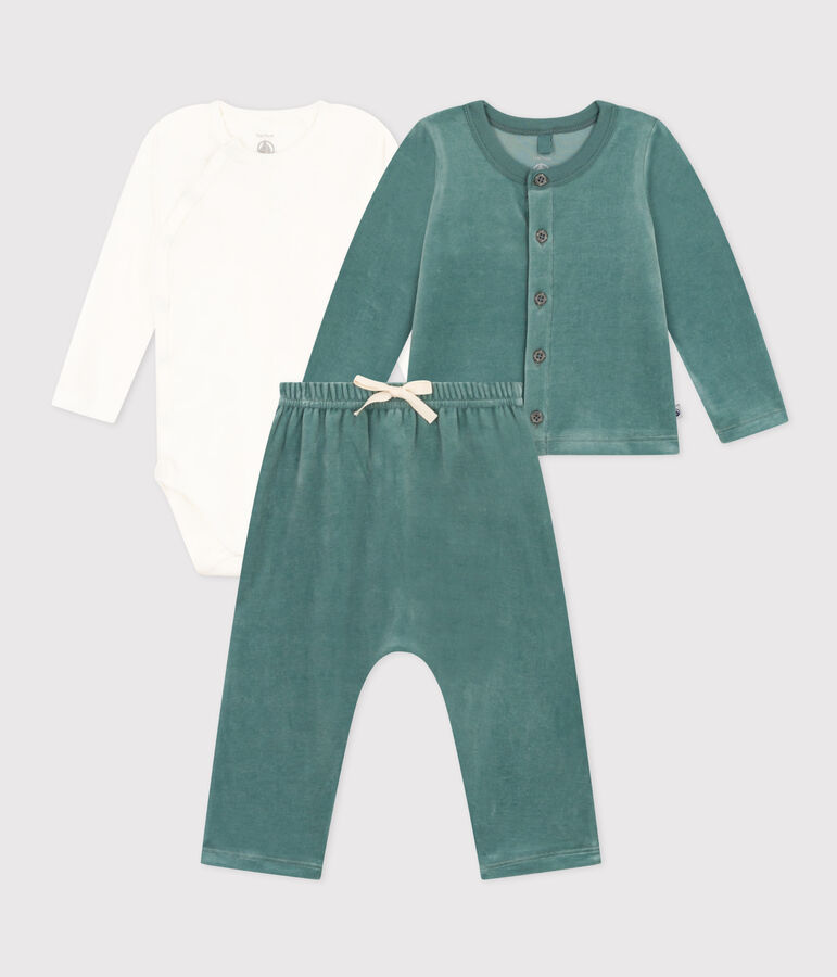 Conjunto de terciopelo y body para beb&eacute; verde