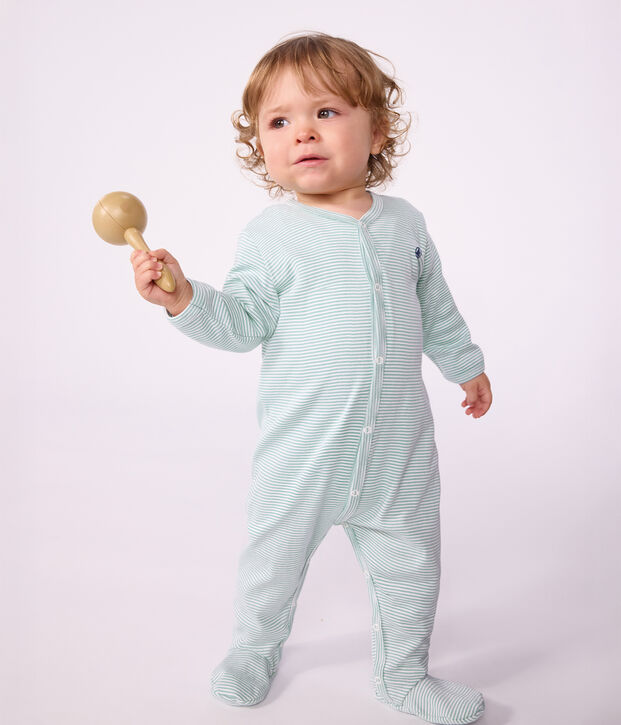Pijama de algod&oacute;n milrayas para beb&eacute; verde/blanco