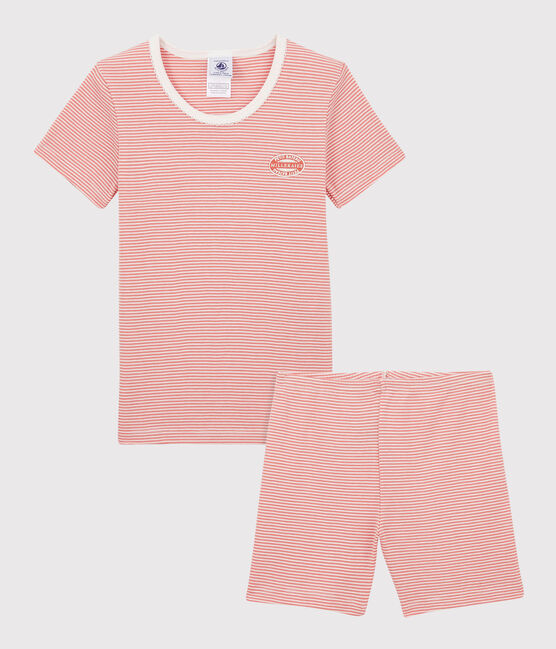 Pijama corto milrayas rosa de algodón orgánico de niña rosa PAPAYE/ MARSHMALLOW