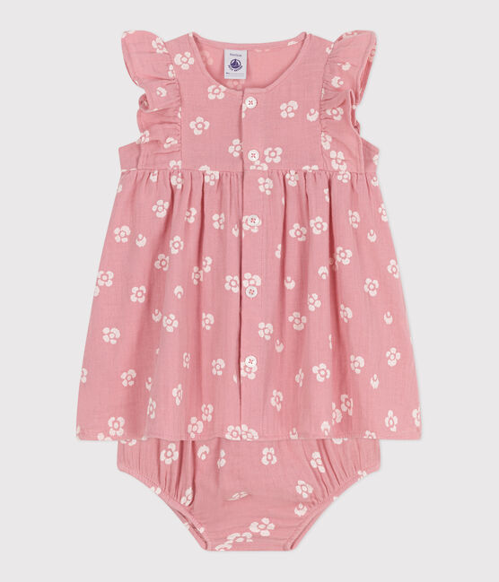 Vestido de gasa de algodón y pololo con estampado de flores para bebé rosa CHARME/blanco MARSHMALLOW