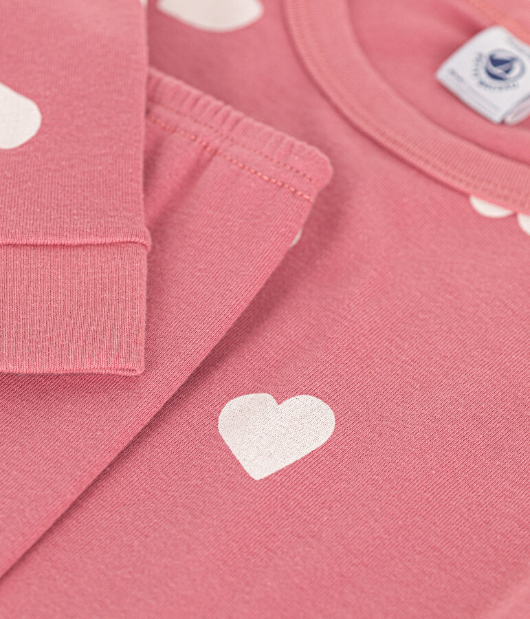 Pijama infantil ajustado de algod&oacute;n con estampado de corazones rosa/crudo