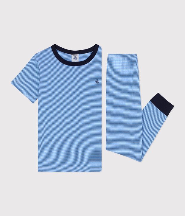 Pijama infantil de algod&oacute;n de manga corta y pierna larga a rayas azul/blanco