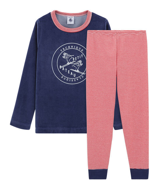 Pijama de terciopelo para niño pequeño azul CHALOUPE/blanco MULTICO