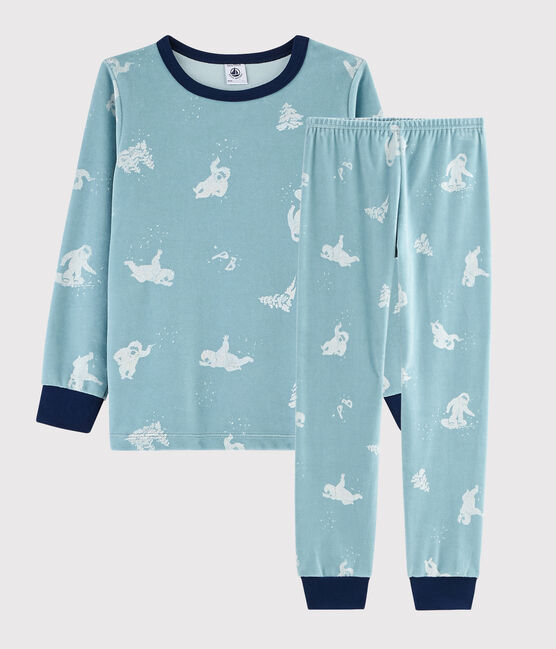 Pijama con estampado de yeti de terciopelo para niño pequeño azul BRUME/ MARSHMALLOW