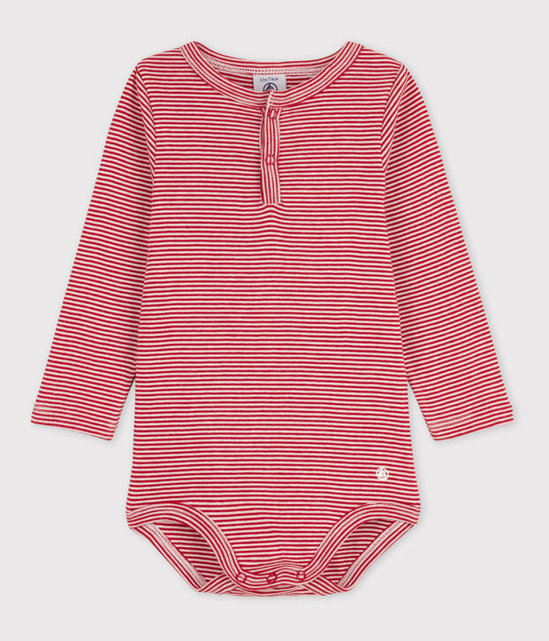 Bodi de manga larga con cuello tunecino a rayas de algod&oacute;n de beb&eacute; rojo/blanco