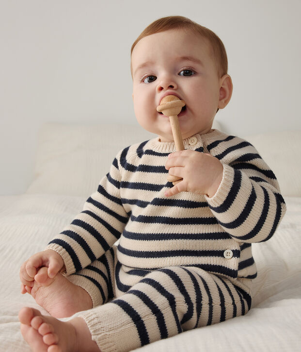 Conjunto de punto de lana y algod&oacute;n a rayas marineras para beb&eacute; crudo/azul