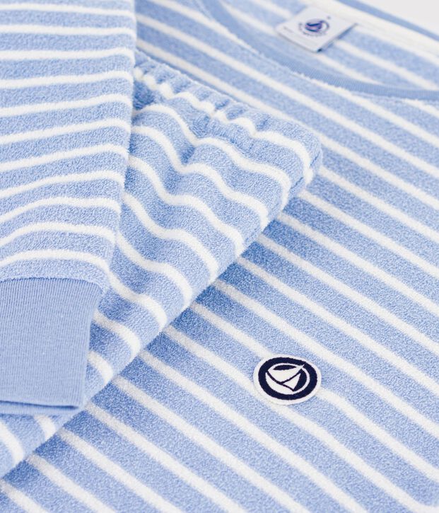 Pijama de rizo de algod&oacute;n a rayas para mujer azul/crudo