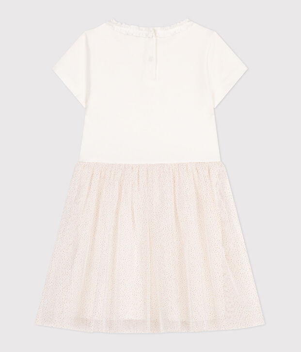 Vestido infantil de manga corta de algod&oacute;n y tul blanco/rosa