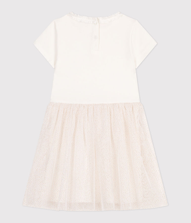 Vestido infantil de manga corta de algod&oacute;n y tul blanco/rosa