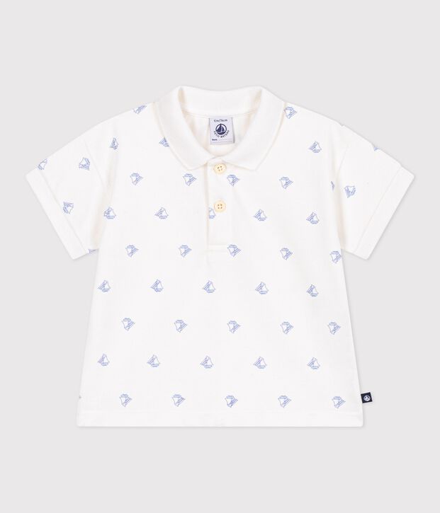 Polo de algod&oacute;n de manga corta con estampado de barcos vintage para beb&eacute; blanco/azul