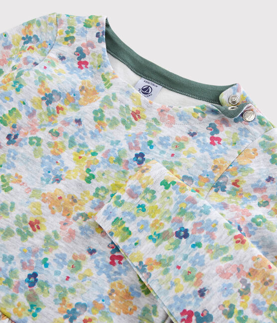 Vestido de manga larga en doble punto de niña gris POUSSIERE/blanco MULTICO