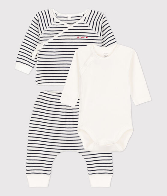 Conjunto icónico de 3 piezas de tejido túbico ecológico para bebé blanco MARSHMALLOW/azul SMOKING