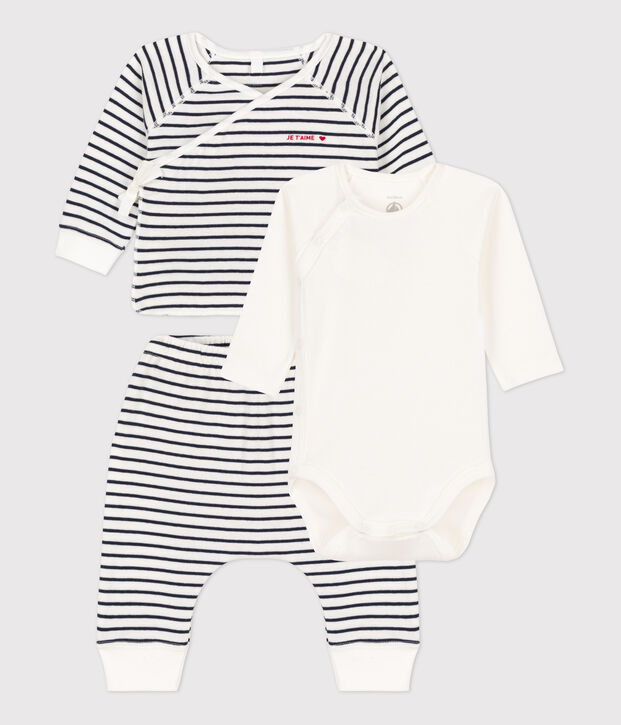 Conjunto ic&oacute;nico de 3 piezas de tejido t&uacute;bico ecol&oacute;gico para beb&eacute; blanco/azul