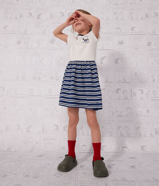 Vestido de manga corta de algodón para niña azul MEDIEVAL/blanco MARSHMALLOW