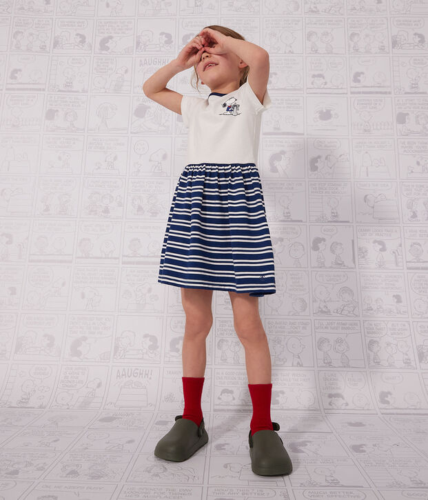 Vestido de manga corta de algod&oacute;n para ni&ntilde;a azul/blanco