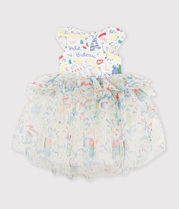 Vestido infantil de manga corta de algod&oacute;n y tul con estampado blanco/multicolor