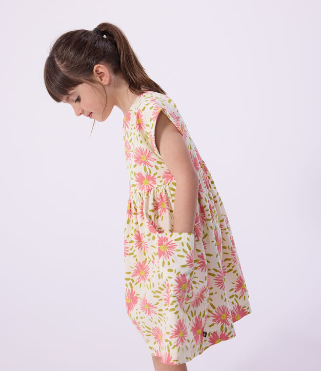 Vestido infantil de algod&oacute;n de manga corta con flores blanco/multicolor