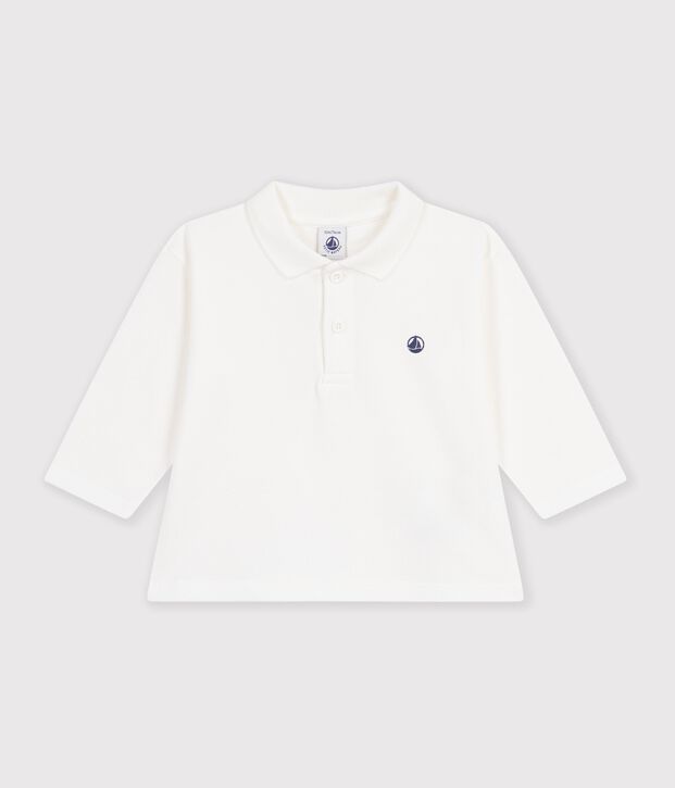 Polo liso de manga larga de algod&oacute;n para beb&eacute; blanco