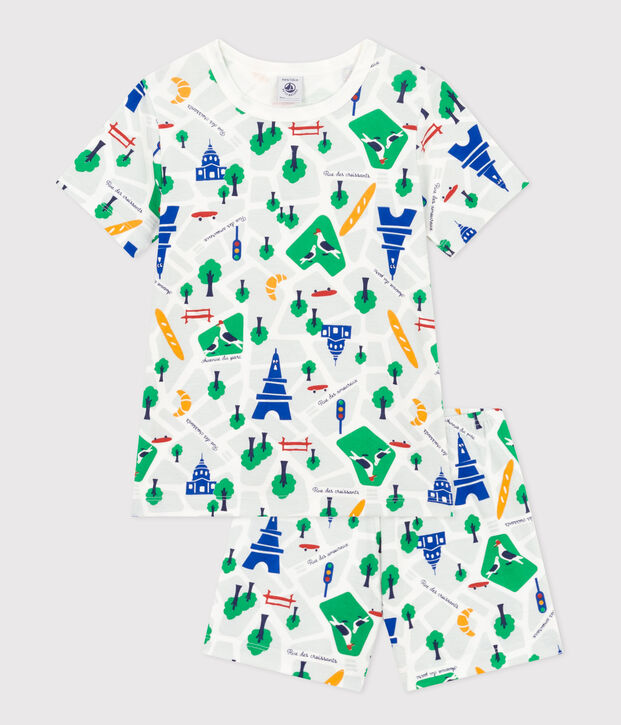Pijama infantil corto de algod&oacute;n con estampado de Par&iacute;s blanco/azul/multicolor