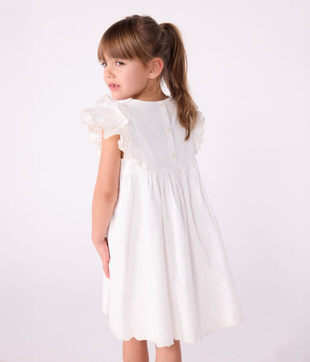Vestido infantil liso de algod&oacute;n de manga corta blanco