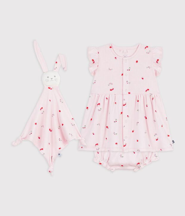 Conjunto de regalo con vestido y doudou de algod&oacute;n con estampado de flores para beb&eacute; rosa/multicolor