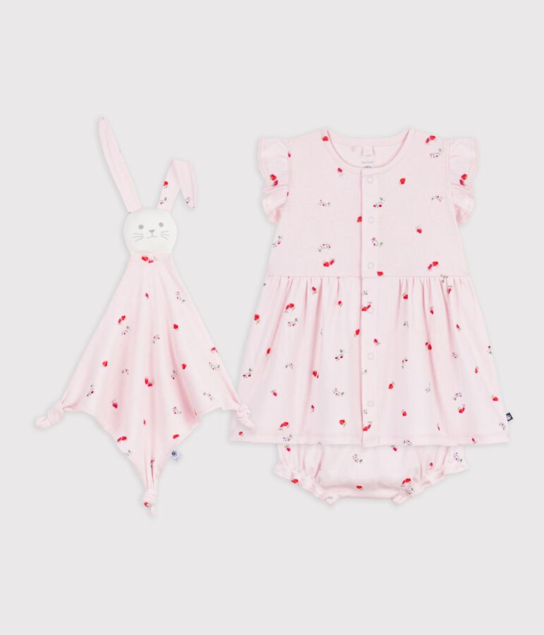 Conjunto de regalo con vestido y doudou de algod&oacute;n con estampado de flores para beb&eacute; rosa/multicolor