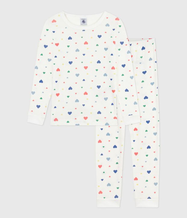 Pijama infantil de algod&oacute;n con estampado de corazones, muy entallado. blanco/multicolor
