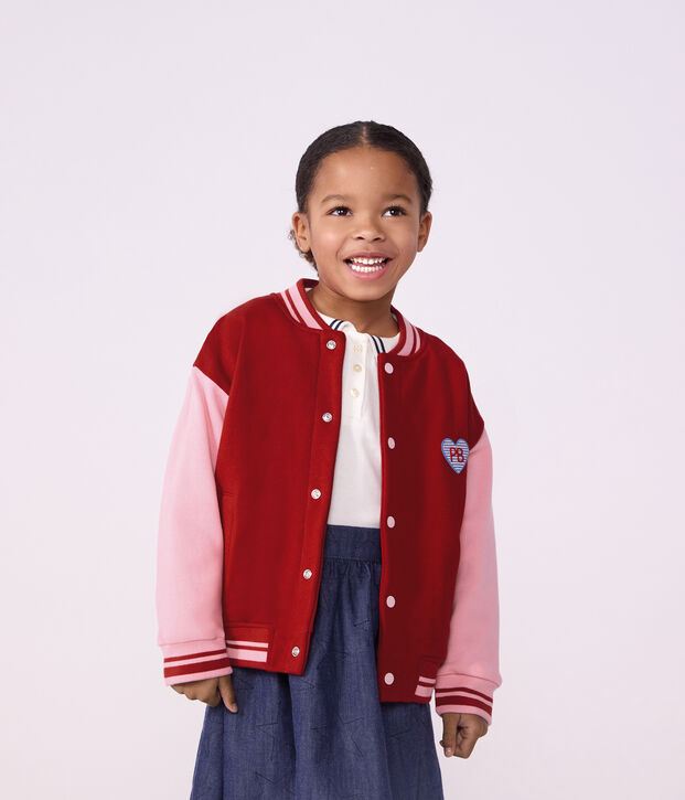Chaqueta teddy infantil lisa colorblock de algod&oacute;n rojo