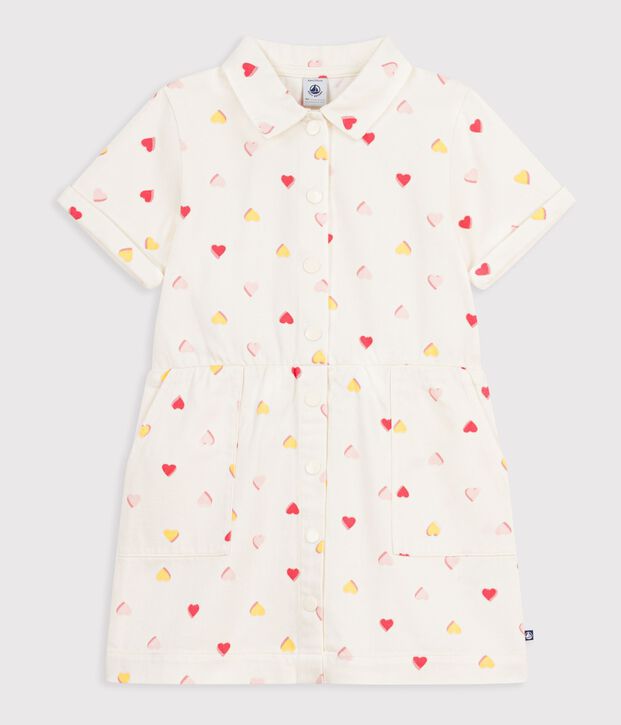 Vestido infantil de algod&oacute;n de manga corta con estampado de corazones crudo/multicolor