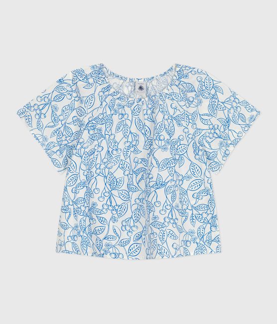 Blusa infantil de algodón de manga corta con estampado de cerezas azul MARSHMALLOW/ PORCELANA