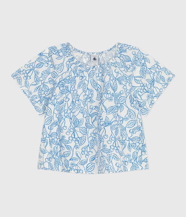 Blusa infantil de algod&oacute;n de manga corta con estampado de cerezas azul/azul