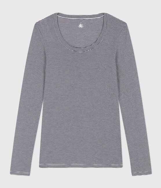 Camiseta segunda piel de algodón ligero a rayas para mujer azul SMOKING/blanco MARSHMALLOW