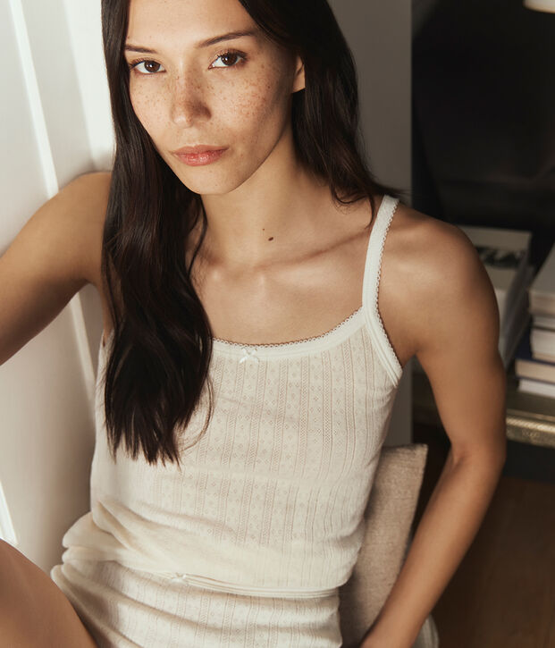 Camiseta de tirantes de algod&oacute;n calado para mujer MILK