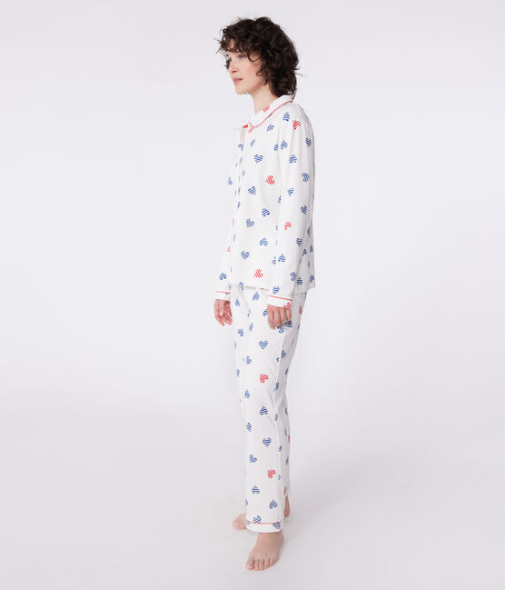 Pijama de mujer de algodón abotonado con estampado de corazones blanco MARSHMALLOW/blanco MULTICO
