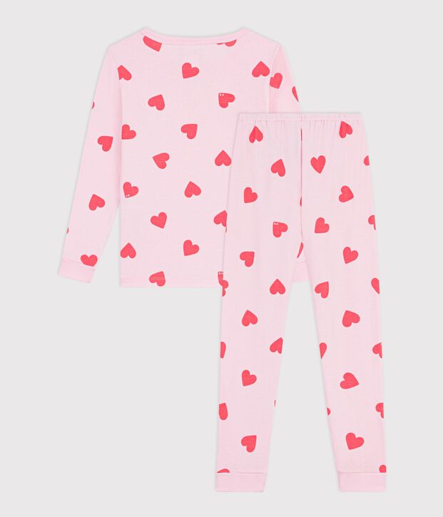 Pijama infantil muy ajustado de algod&oacute;n con estampado de corazones rosa/naranja