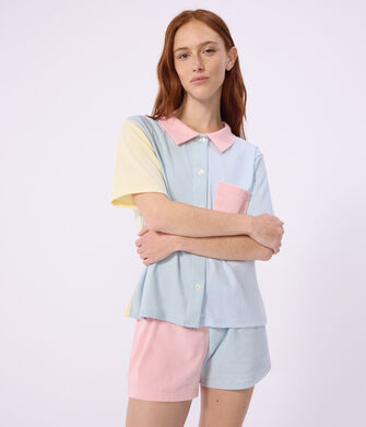 Pantal&oacute;n corto de pijama de algod&oacute;n a rayas con botones delanteros para mujer