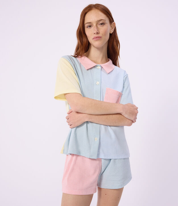 Pantal&oacute;n corto de pijama de algod&oacute;n a rayas con botones delanteros para mujer blanco/multicolor