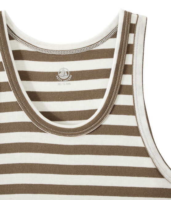 Camiseta de mujer en canalé original de rayas marron SHITAKE/blanco MARSHMALLOW