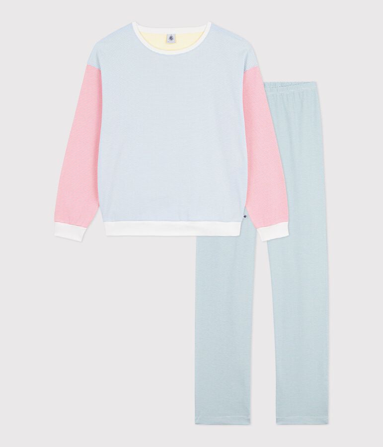 Pijama de algod&oacute;n a rayas para mujer blanco MARSHMALLOW/blanco MULTICO