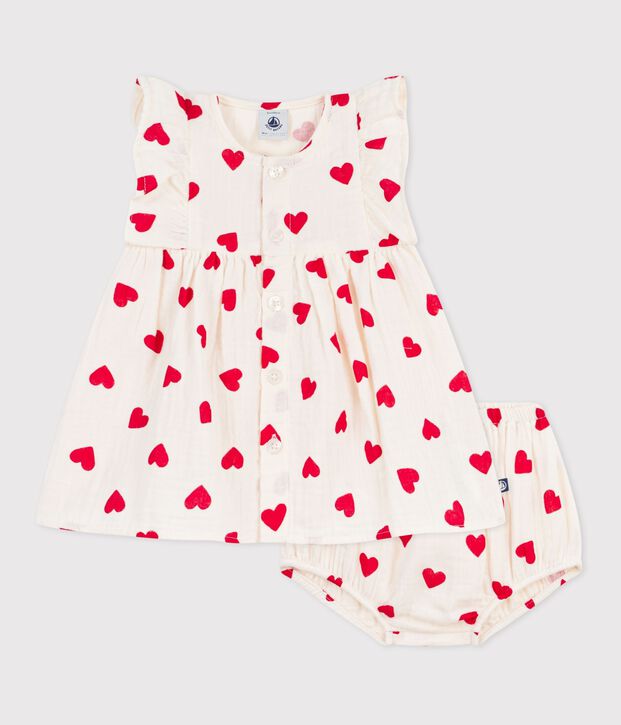 Vestido de algod&oacute;n y pololo con estampado de corazones para beb&eacute; rojo/rojo