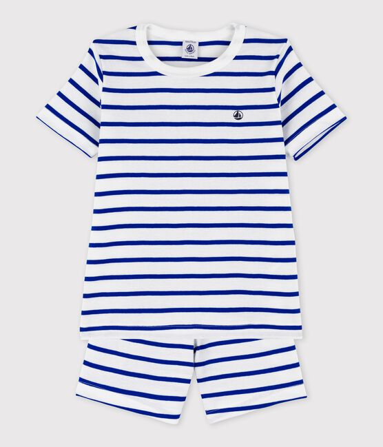 Pijama corto a rayas de niño de algodón blanco MARSHMALLOW/azul SURF