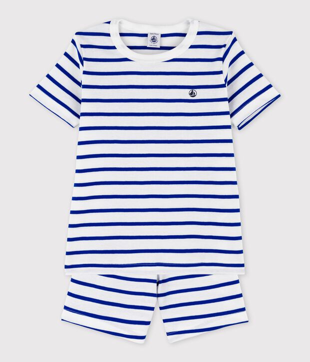 Pijama corto a rayas de ni&ntilde;o de algod&oacute;n blanco/azul