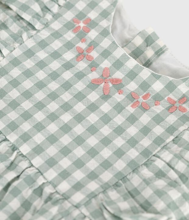 Pelele de algod&oacute;n sin mangas con estampado vichy y cuello bordado para beb&eacute; verde/blanco