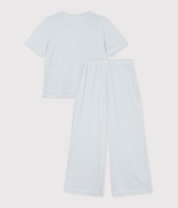 Pijama de algod&oacute;n a rayas de pernera ancha para mujer gris/blanco