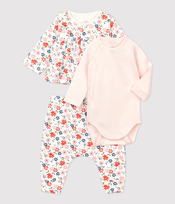 Conjunto de 3 prendas con estampado de flores de bebé niña de algodón orgánico blanco MARSHMALLOW/blanco MULTICO