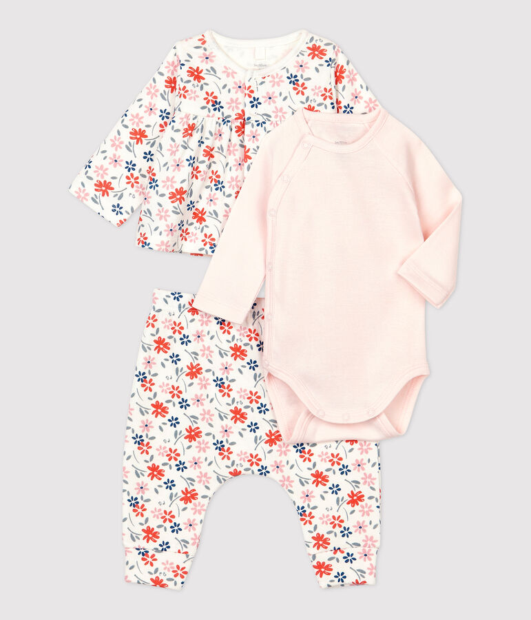 Conjunto de 3 prendas con estampado de flores de beb&eacute; ni&ntilde;a de algod&oacute;n org&aacute;nico blanco/multicolor