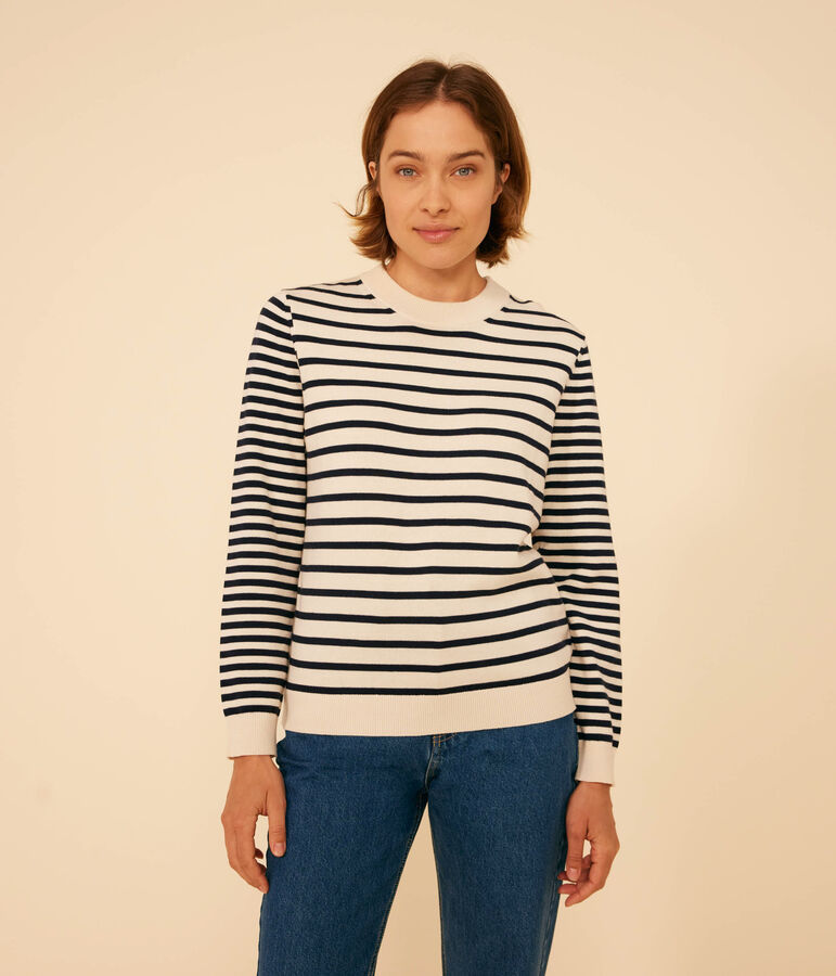 Jersey marinero de algod&oacute;n para mujer crudo/azul