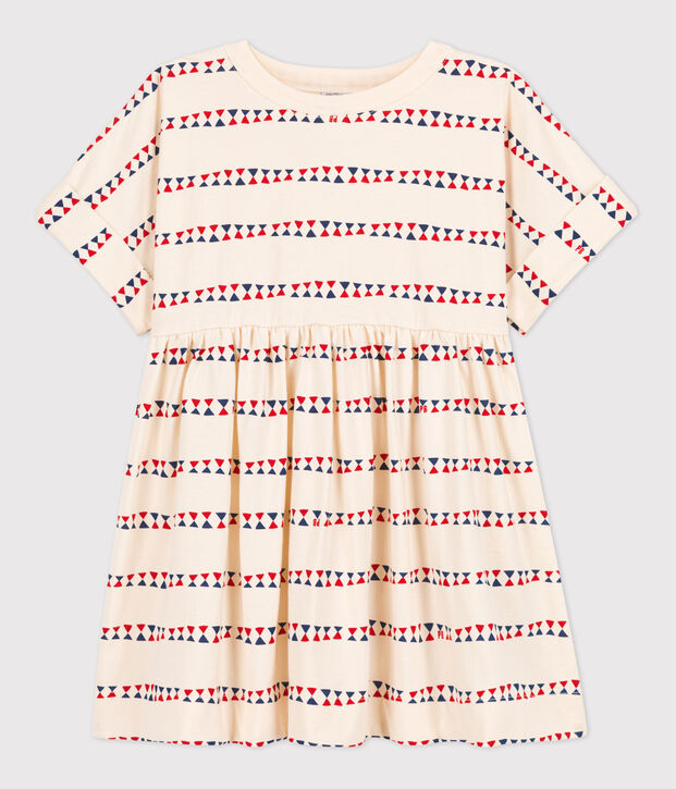 Vestido estampado de manga corta de algod&oacute;n de ni&ntilde;a crudo/multicolor