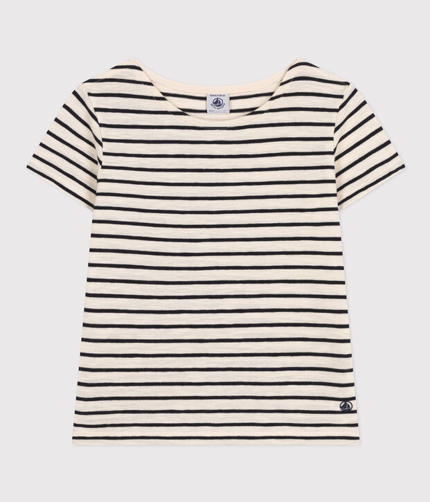 Camiseta de punto flameado a rayas para ni&ntilde;a crudo/azul