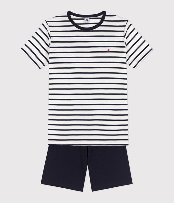 Pijama corto de rayas marineras de canalé unisex blanco MARSHMALLOW/azul SMOKING